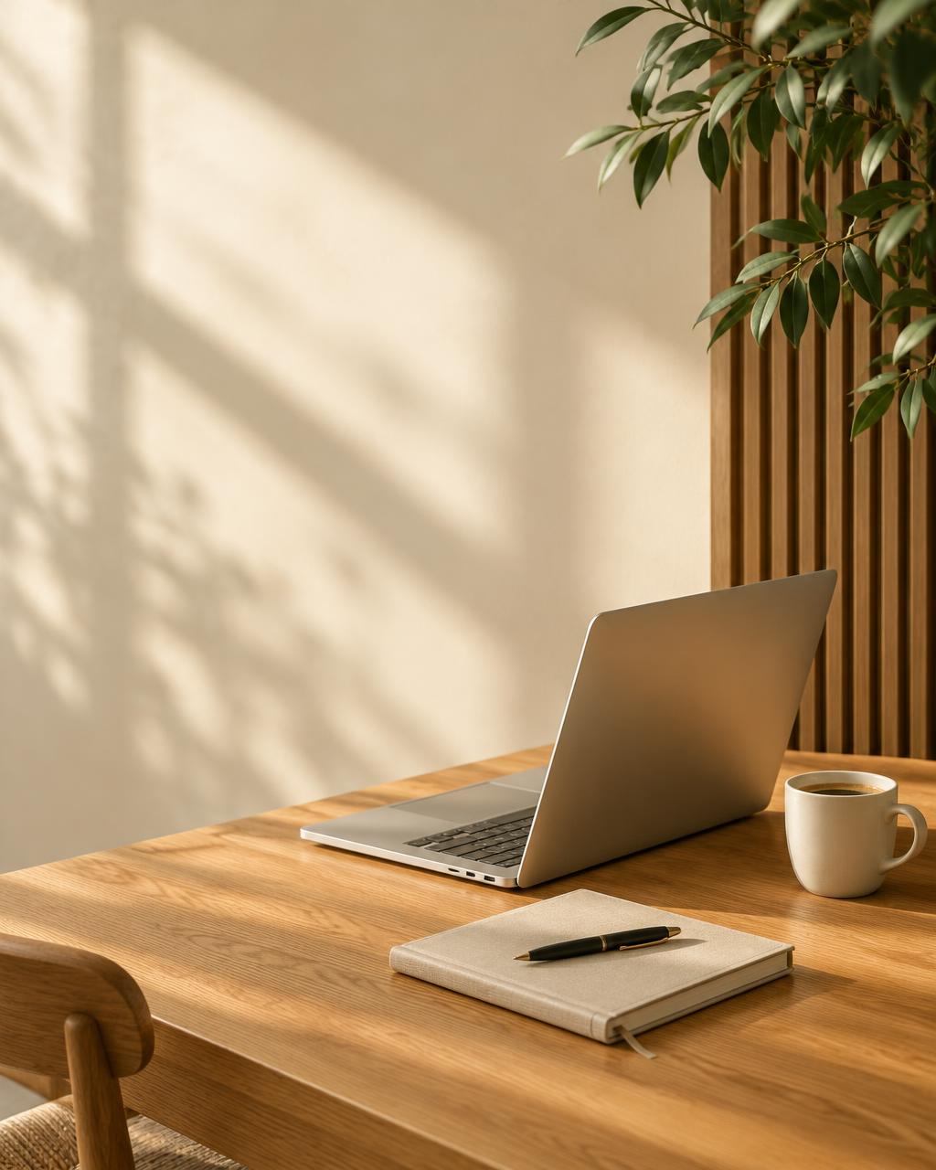 Open laptop, coffee cup and cream notebook with a black pen on a sunlit oak desk, with timber slats and green foliage